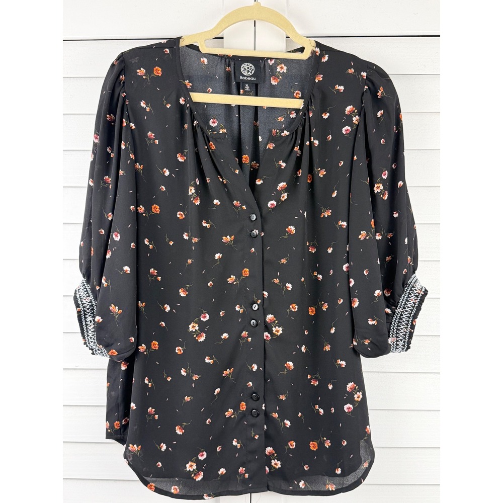 Bobeau Blouse XL Black Floral V-Neck Button Front Embroidered Cuff Top